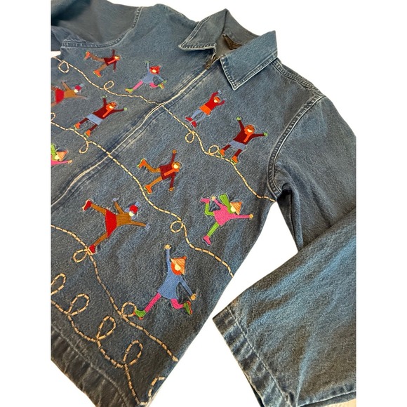Embroidered Novelty Shacket Ice Skaters Denim Jacket Winter whimsical Teacher M - Picture 4 of 9